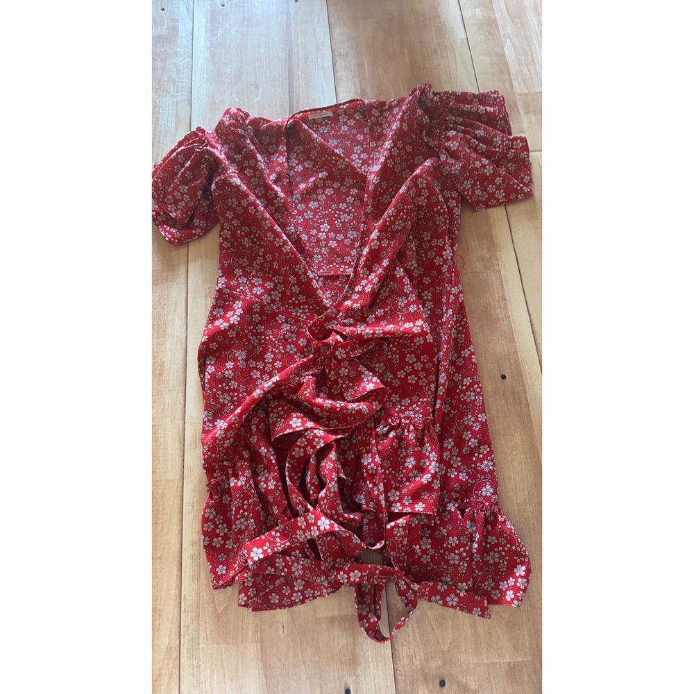 Max Studio Red Floral Ruffle Wrap Mini Dress Short Flutter Sleeve